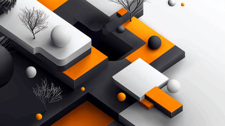 An abstract composition featuring white, black, and orange rectangular platforms, spheres, and stylized bare trees in a geometric arrangement.の素材