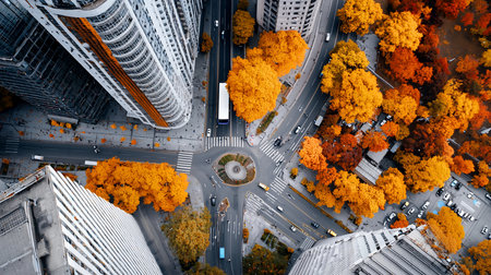An aerial view showcases a city intersection with roads, crosswalks, and a roundabout. Bright yellow and orange trees surround the area.の素材