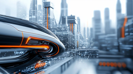 Close-up of a sleek, dark metallic vehicle with vibrant orange glowing lines and intricate mechanical details, showcasing its advanced design.の素材