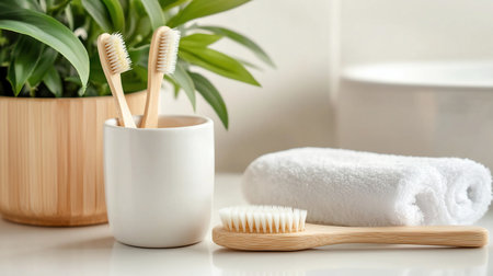 Two bamboo toothbrushes in a white holder, with a bamboo brush and white towel on a white surface, eco-friendly bathroom essentials.の素材