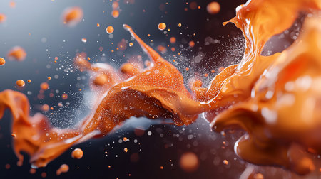 A vibrant orange liquid splashes dynamically, with numerous small droplets and shimmering bubbles suspended in motion, creating an abstract, energetic scene.の素材