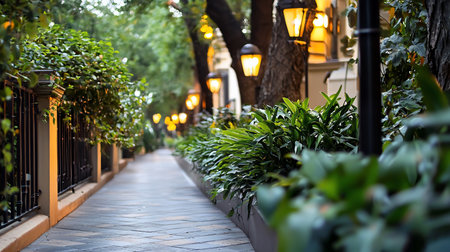 A charming walkway bordered by vibrant green foliage and illuminated by a series of warm, glowing lanterns, creating an inviting atmosphere.の素材