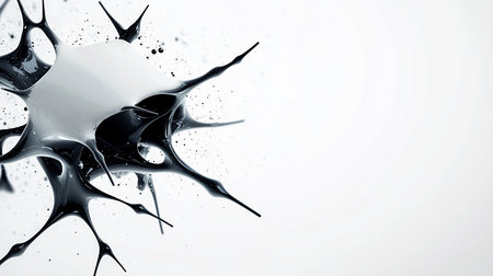 Glossy black and white abstract liquid form, featuring a central white mass with numerous dark, spiky, elongated tendrils and scattered droplets.の素材