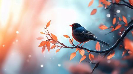 A sleek, dark bird with a red beak sits gracefully on a branch adorned with vibrant orange leaves, creating a striking contrast.の素材