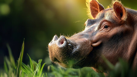 A detailed close-up of a hippopotamus head in profile, showcasing its thick, leathery, and wrinkled brown skin. Fine hairs on its ears and snout are backlit by light.の素材