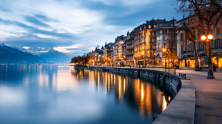 A row of buildings with illuminated windows and streetlights reflects in the calm water of a lake at dusk. The buildings are along a waterfront.の素材