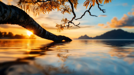 A thick, gnarled tree branch with golden leaves extends over calm, reflective water during a vibrant sunset.の素材