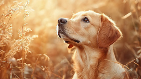 Close-up of a golden retriever looking up, with soft, golden fur and a focused expression, bathed in warm sunlight.の素材