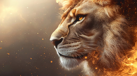Close-up profile of a lion's head, featuring a detailed mane with fiery accents and piercing golden eyes, showcasing its powerful and regal presence.の素材