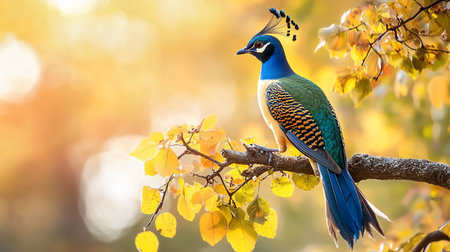 A vibrant peacock with iridescent blue and green plumage sits gracefully on a tree branch adorned with golden autumn leaves.の素材