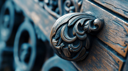 Close-up of a detailed, dark metal scrollwork embellishment with intricate leaf patterns, attached to a weathered, textured wooden plank.の素材