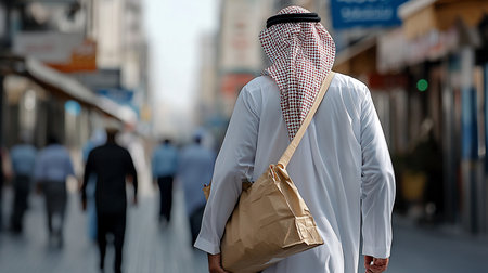 A man wearing a white thobe and red and white checkered ghutra walks away from the camera, carrying a brown paper bag over his shoulder.の素材