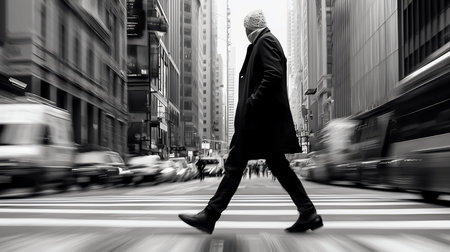 A man in a long black coat and hat strides purposefully across a crosswalk. His hands are in his pockets, and he is walking in a city.の素材