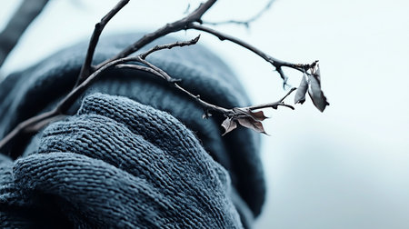 Close-up of a textured, dark blue knitted wool hat with a bare branch featuring a few dried leaves resting on it.の素材