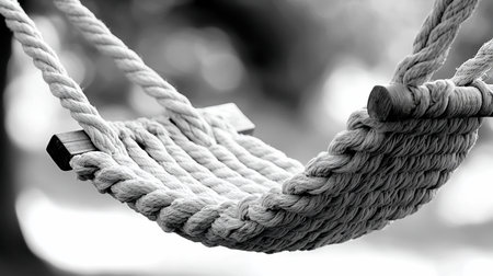 Detailed view of a rope swing seat, featuring thick, woven ropes and wooden supports, captured in monochrome with a shallow depth of field.の素材