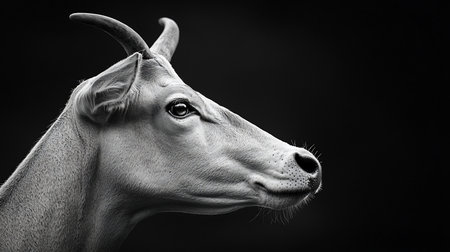 A detailed, high-contrast black and white close-up of a gazelle's head, showcasing its textured fur and prominent horns.の素材