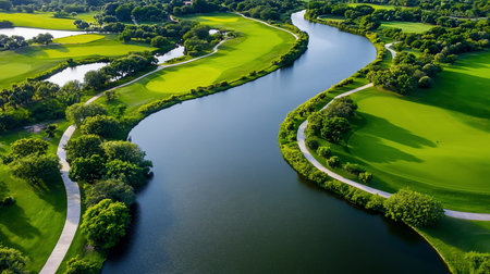 A winding river with dark, reflective water cuts through a vibrant green golf course, bordered by trees and a paved pathway.の素材