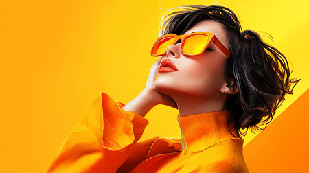 A woman with dark hair and bright orange sunglasses, wearing an orange turtleneck, poses with her hand on her face.の素材