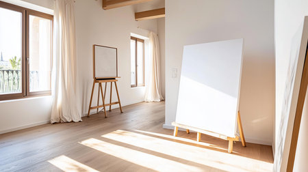 Two wooden easels stand in a bright, airy studio, one holding a framed artwork and the other a large blank canvas.の素材
