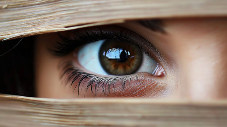 A detailed close-up of a human eye, featuring a vibrant hazel iris, dark pupil with reflection, and prominent long eyelashes.の素材
