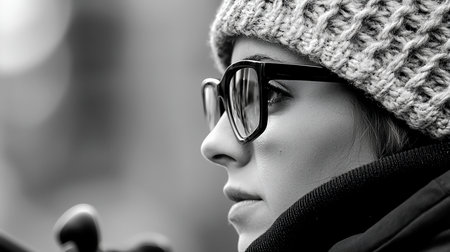Close-up monochrome portrait of a woman wearing a knitted hat and glasses, captured in a profile view.の素材