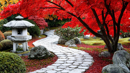A serene autumn Japanese garden featuring a winding stone path, a multi-tiered stone lantern, and vivid red maple foliage. Mossy rocks and green shrubs enhance the tranquil scene.の素材