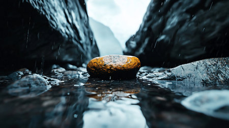 A golden-colored rock sits in shallow water, its surface wet and reflective, with a smooth, rounded texture. Raindrops fall around it.の素材