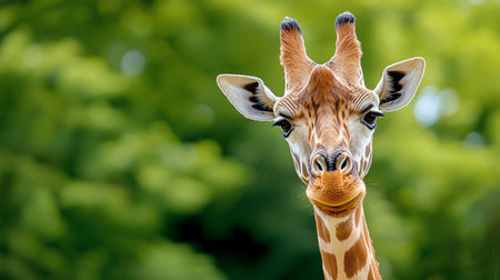 A detailed close-up of a giraffe's head, showcasing its large eyes, ossicones, and characteristic patterned fur against a blurred green background.の素材