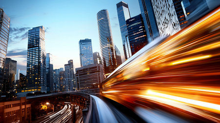 A dynamic urban scene captured with a long exposure, showcasing the vibrant streaks of light from a speeding train against a backdrop of modern skyscrapers.の素材