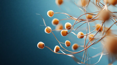 Close-up view of a digital rendering of a neural network, featuring interconnected orange spheres and delicate, branching filaments.の素材