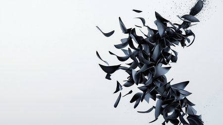 A dynamic cluster of dark, angular, sculptural elements appears to be exploding and fragmenting into a cloud of fine particles.の素材