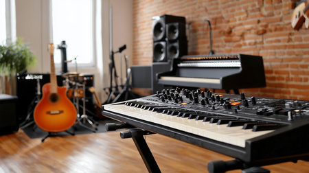 A black synthesizer with numerous knobs and keys, positioned on a stand, in a music studio setting.の素材
