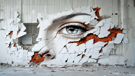 A detailed mural of a human eye and part of a face, painted on a cracked wall, revealing brick. The eye is realistic.の素材