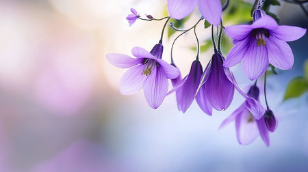 Close-up of several purple bell-shaped flowers with visible veins, hanging downward, featuring yellow stamens and green stems.の素材