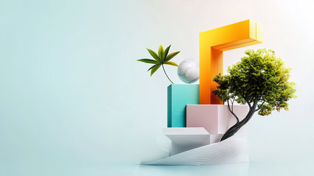 A stylized tree, leaf, and marble sphere are arranged on geometric shapes, featuring pastel colors and a minimalist aesthetic.の素材