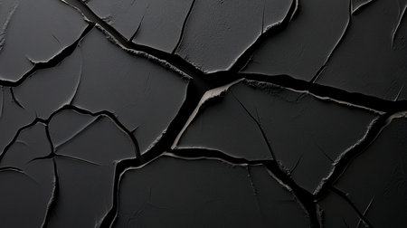 A detailed, abstract view of a dark, textured surface fractured into numerous irregular polygonal shapes by deep, sharp cracks.の素材