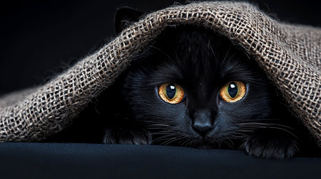 A sleek black cat with mesmerizing golden eyes and white whiskers peeks cautiously from beneath a coarse, woven fabric.の素材