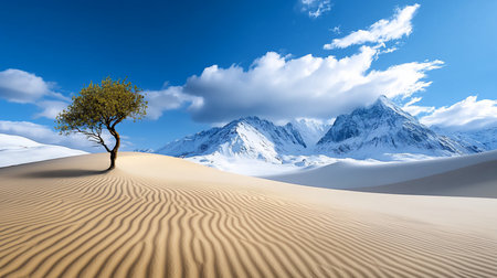 A solitary tree with green leaves and a brown trunk stands on a sand dune. The sand has textured ripples.の素材