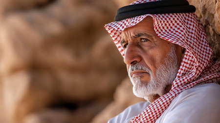 Close-up portrait of an older Middle Eastern man wearing a traditional red and white checkered headdress and white thobe, with a white beard.の素材
