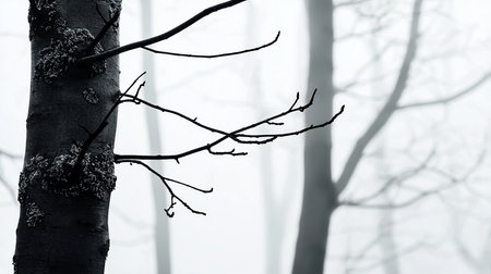 Close-up of a tree trunk covered in moss, with bare branches extending outwards in a foggy, monochrome forest setting.の素材