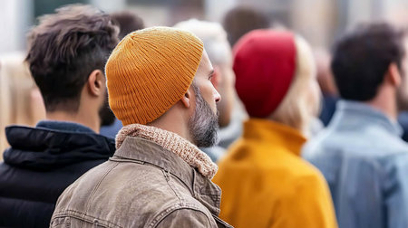 Side profile of a man with a grey and black beard, wearing a mustard yellow knitted hat, a beige scarf, and a weathered brown jacket, seen from behind.の素材