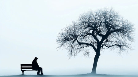 A stark black silhouette of a person sitting on a bench, hunched over in thought next to a large, leafless tree with intricate branches against a foggy, pale background.の素材