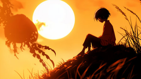 A young anime character with short dark hair, wearing a loose reddish shirt and pants, sits barefoot on a grassy mound, head bowed thoughtfully.の素材