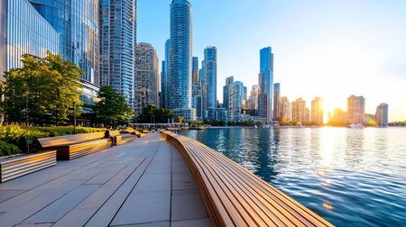 A long, modern wooden bench with a curved design sits on a waterfront promenade. The bench is made of light-colored wood.の素材