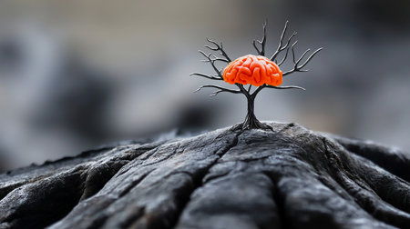 A stylized tree with a bright orange brain as its crown, standing on a textured, cracked rock surface. The tree has bare branches.の素材