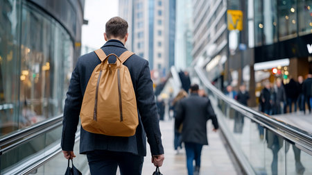 A man wearing a gray coat and a tan backpack walks away, holding a black bag, in a city environment.の素材