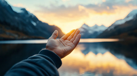 A human hand, palm open and facing upwards, is illuminated by sunlight. The skin is textured, and the hand is slightly cupped.の素材