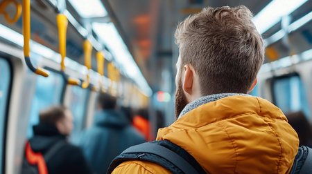 Man from behind, sporting a beard and short hair, dressed in a bright yellow quilted puffer jacket with a dark backpack.の素材
