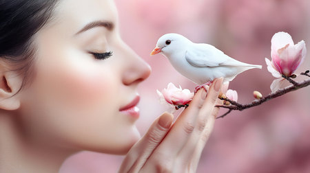 Close-up of a serene woman's profile, eyes closed, gently holding a small white bird perched on a delicate pink magnolia blossom.の素材