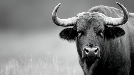 Detailed black and white portrait of a majestic gaur, showcasing its dark, textured fur, prominent curved horns, and intense, direct gaze.の素材